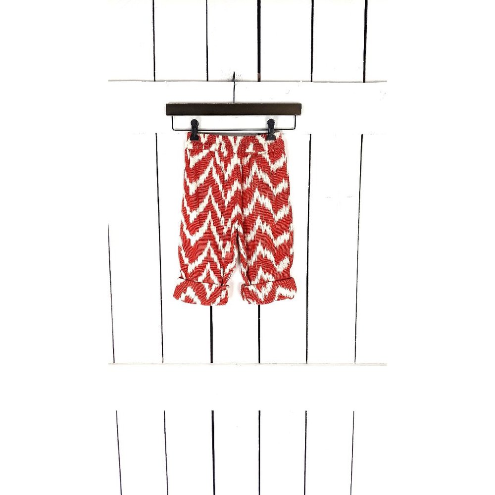 Kids childrens red white IKAT zigzag print woven cotton stretch waist pants